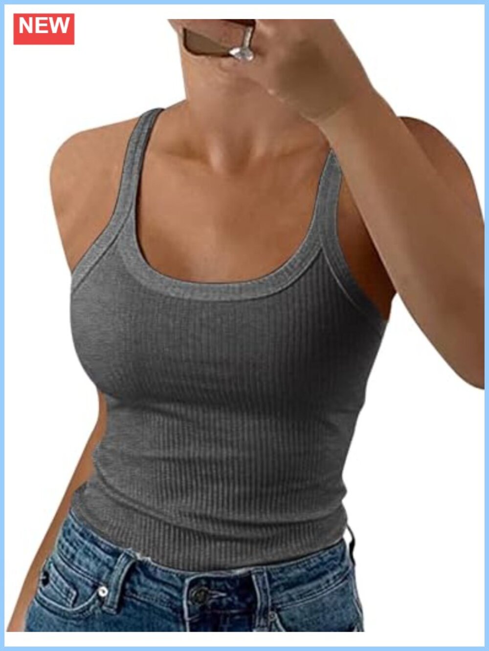 Women Spaghetti Strap Scoop Neck Ribbed Tank Top Slim Fitted Cotton Camisole